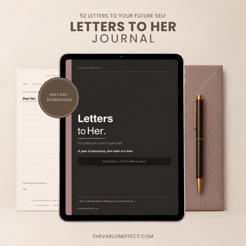 K&ouml;nnte beinhalten: Ein digitales Tablet zeigt ein Journal mit dem Titel Letters to Her und dem Untertitel 52 Letters to Your Future Self. Ein kreisf&ouml;rmiges Abzeichen zeigt Instant Download. Daneben liegen eine bedruckte Seite und ein schwarzer Stift auf einem malvenfarbenen Umschlag.