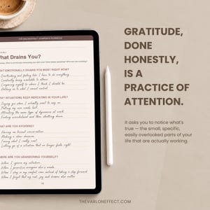 May include: A digital tablet displaying a workbook page titled The Varlon Effect with handwritten-style text answering questions about emotional drains, alongside a white stylus and the quote Gratitude, done honestly, is a practice of attention.