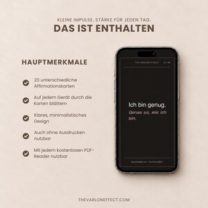 May include: A smartphone displaying a digital affirmation card with the text 'Ich bin genug. Genau so, wie ich bin.' The screen also shows 'THE VARLON EFFECT' and '01/20'. Text on the left lists features in German, including '20 unterschiedliche Affirmationskarten' and 'Mit jedem kostenlosen PDF-Reader nutzbar'.