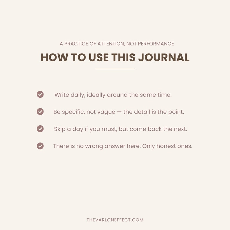 May include: A light beige instructional card with dark brown text titled HOW TO USE THIS JOURNAL. It lists four bulleted points: Write daily, Be specific, Skip a day if you must, and There is no wrong answer here. The URL THEVARLONEFFECT.COM is at the bottom.
