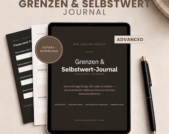 Könnte beinhalten: Ein digitales Tablet mit dem Grenzen & Selbstwert Journal, inklusive der Aufschriften Advanced und Sofort-Download. Daneben liegen zwei bedruckte Journal-Seiten mit dem Text Pause and To sowie ein schwarzer Stift. Das Design ist dunkel gehalten.