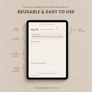 May include: A digital tablet displaying a journal page titled The Varlow Effect Shadow Work Journal. The page includes a day number, date section, daily question, main reflection space, and deeper insight question. Text reads 30 DAYS OF HONEST QUESTIONS. REAL RESULTS. REUSABLE & EASY TO USE.