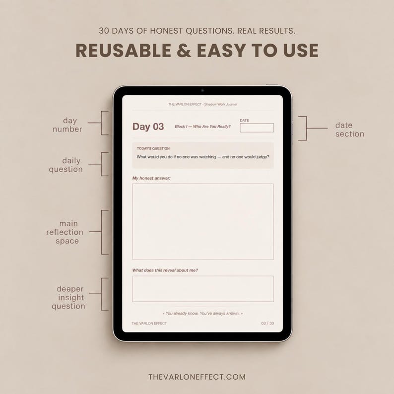May include: A digital tablet displaying a journal page titled The Varlow Effect Shadow Work Journal. The page includes a day number, date section, daily question, main reflection space, and deeper insight question. Text reads 30 DAYS OF HONEST QUESTIONS. REAL RESULTS. REUSABLE & EASY TO USE.