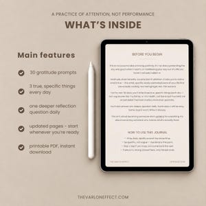 May include: A digital tablet displaying a gratitude journal page with the text BEFORE YOU BEGIN and HOW TO USE THIS JOURNAL, alongside a white stylus. The list of features includes 30 gratitude prompts, 3 specific things daily, and a deeper reflection question.