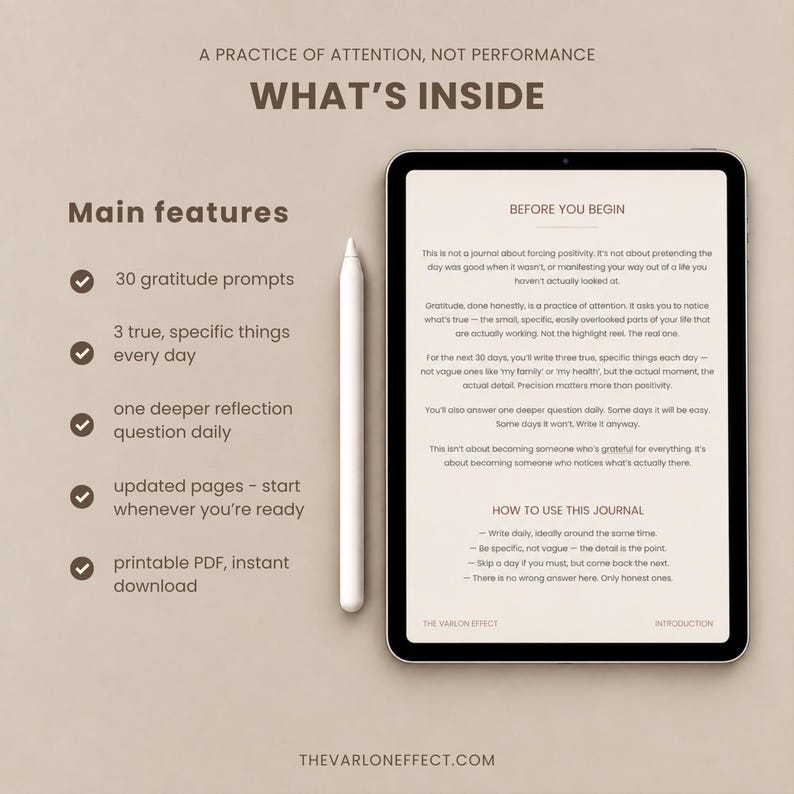 May include: A digital tablet displaying a gratitude journal page with the text BEFORE YOU BEGIN and HOW TO USE THIS JOURNAL, alongside a white stylus. The list of features includes 30 gratitude prompts, 3 specific things daily, and a deeper reflection question.