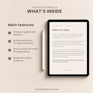May include: A digital tablet displaying a self-reflection journal titled The Varlon Effect, accompanied by a stylus. The screen shows an introduction page titled Before You Begin. A list of features includes 30 days of guided self-reflection.