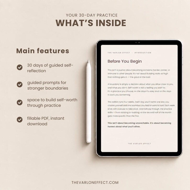 May include: A digital tablet displaying a self-reflection journal titled The Varlon Effect, accompanied by a stylus. The screen shows an introduction page titled Before You Begin. A list of features includes 30 days of guided self-reflection.