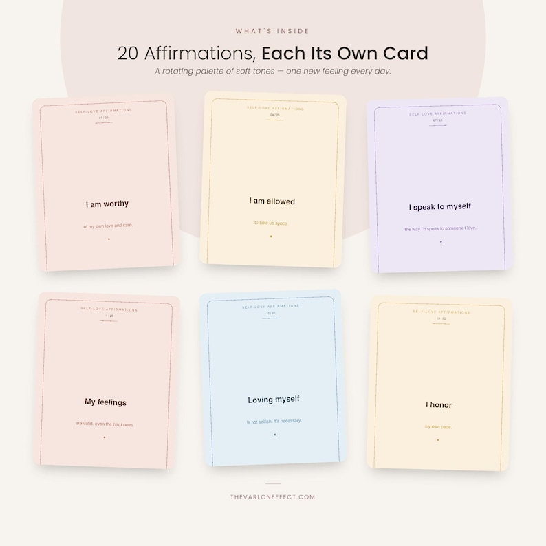 May include: A set of 20 affirmation cards in soft pastel colors. Each rectangular card features a unique phrase such as I am worthy, I am allowed, I speak to myself, My feelings, Loving myself, and I honor, with text printed in dark ink.