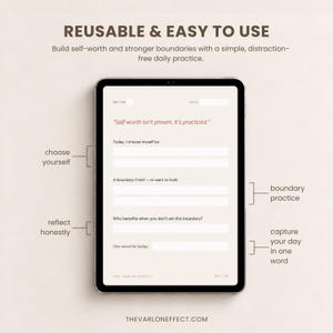 May include: A digital tablet displaying a daily journal page titled REUSABLE & EASY TO USE. The screen features prompts including Today, I choose myself by, A boundary I held, and Who benefits when you don't set this boundary, with text labels.