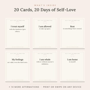 May include: A set of 20 self-love affirmation cards displayed in a grid of six. Each card features a minimalist design with black text on a light beige background. The text includes phrases like I treat myself, I am allowed to take up space, Rest is something I have earned, My feelings are valid, I am whole, and I am home to myself.