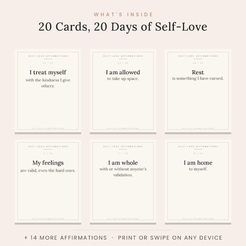 May include: A set of 20 self-love affirmation cards displayed in a grid of six. Each card features a minimalist design with black text on a light beige background. The text includes phrases like I treat myself, I am allowed to take up space, Rest is something I have earned, My feelings are valid, I am whole, and I am home to myself.