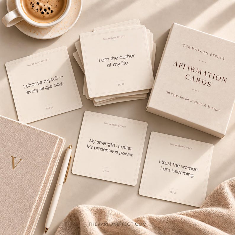 May include: A set of square affirmation cards titled The Varlon Effect, featuring black text on cream-colored cardstock. The cards include phrases like I am the author of my life, I choose myself, and I trust the woman I am becoming, alongside a matching box.