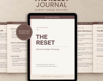 Könnte beinhalten: Ein digitales Tablet zeigt The Reset Journal mit Seiten wie The Reset, Health & Environment und Expect Resistance. Der Text enthält Klarheit, Energie, Richtung und ein kreisförmiges Abzeichen mit der Aufschrift Sofortiger Download. Design in Beige und Braun.