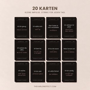 May include: A set of 20 black rectangular cards arranged in a grid, each featuring white text with German affirmations. The top header reads 20 KARTEN KLEINE IMPULSE. ST&Auml;RKE F&Uuml;R JEDEN TAG. Each card includes the text THE VARLON EFFECT and a card number.