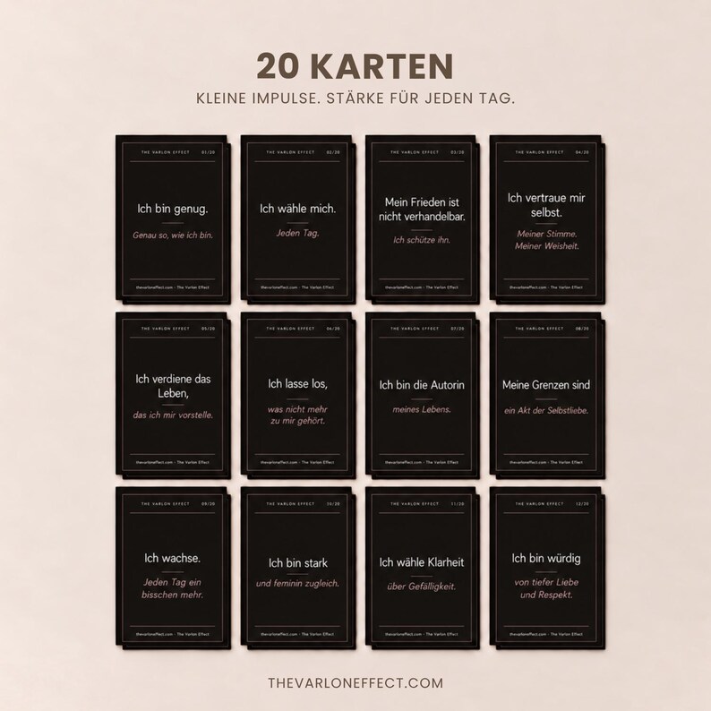 May include: A set of 20 black rectangular cards arranged in a grid, each featuring white text with German affirmations. The top header reads 20 KARTEN KLEINE IMPULSE. ST&Auml;RKE F&Uuml;R JEDEN TAG. Each card includes the text THE VARLON EFFECT and a card number.