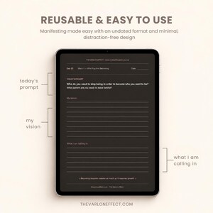 May include: A digital tablet displaying a dark-themed manifestation journal page titled THE VARLON EFFECT. The layout includes sections labeled TODAY'S PROMPT, My vision, and What I am calling in, with lines for writing and the text Becoming requires release.