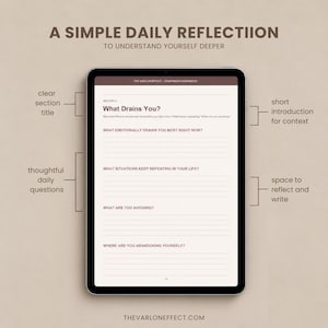 May include: A digital tablet displaying a workbook page titled A SIMPLE DAILY REFLECTION TO UNDERSTAND YOURSELF DEEPER. The page features the section What Drains You? with four reflective questions and lined spaces for writing, annotated with labels.