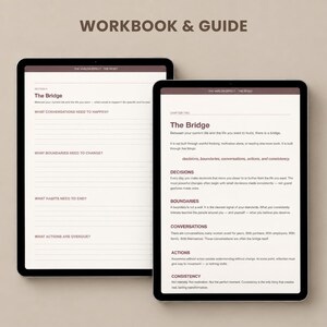 May include: Two digital tablets displaying pages from a workbook and guide titled The Varlon Effect: The Reset. The left screen shows a worksheet with prompts about conversations, boundaries, habits, and actions. The right screen displays text about The Bridge, decisions, boundaries, conversations, actions, and consistency.
