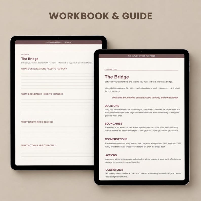 May include: Two digital tablets displaying pages from a workbook and guide titled The Varlon Effect: The Reset. The left screen shows a worksheet with prompts about conversations, boundaries, habits, and actions. The right screen displays text about The Bridge, decisions, boundaries, conversations, actions, and consistency.