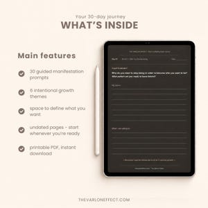 May include: A digital tablet displaying a journal page with the text THE VARLON EFFECT - Vision & Manifestation Journal, Day 03, and prompts about personal growth. Beside it is a stylus. Text lists features: 30 guided manifestation prompts, 6 intentional growth themes, space to define what you want, undated pages, and printable PDF.