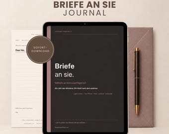 May include: A digital tablet displaying a dark brown journal cover titled Briefe an sie with the subtitle 52 Briefe an dein zukünftiges Ich. A circular badge reads SOFORT-DOWNLOAD. Beside the tablet is a cream-coloured letter and a black pen.