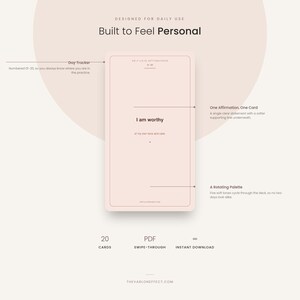 May include: A rectangular affirmation card with a light pink background and thin border. The text reads "I am worthy" with a smaller supporting line underneath. Annotations describe a day tracker, single affirmation format, and rotating color palette.