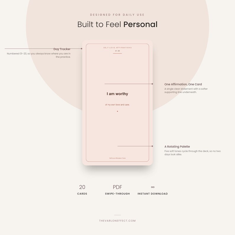 May include: A rectangular affirmation card with a light pink background and thin border. The text reads "I am worthy" with a smaller supporting line underneath. Annotations describe a day tracker, single affirmation format, and rotating color palette.