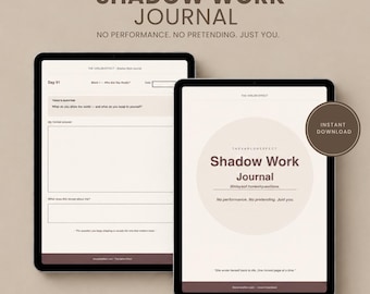 Könnte beinhalten: Ein digitales Shadow Work Journal, das auf zwei Tablet-Bildschirmen angezeigt wird. Der Text lautet Shadow Work Journal, No performance, No pretending. Just you, 30 days of honest questions und She wrote herself back to life. One honest page at a time.
