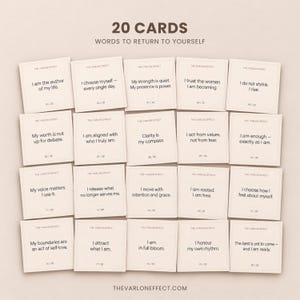 May include: A set of 20 square off-white cards arranged in a grid, titled 20 CARDS WORDS TO RETURN TO YOURSELF. Each card features a unique affirmation in black text, such as I am the author of my life, with a numbered index at the bottom.