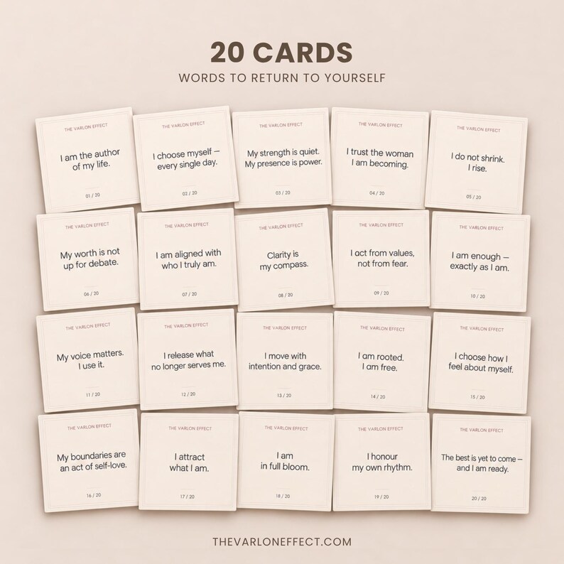 May include: A set of 20 square off-white cards arranged in a grid, titled 20 CARDS WORDS TO RETURN TO YOURSELF. Each card features a unique affirmation in black text, such as I am the author of my life, with a numbered index at the bottom.