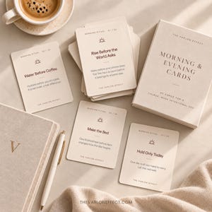 Puede incluir: Un juego de tarjetas Morning & Evening Cards de The Varlon Effect en color crema, con texto marr&oacute;n oscuro e iconos de sol. La baraja incluye tarjetas con mensajes como Rise Before the World Asks, Water Before Coffee, Make the Bed y Hold Only Today.