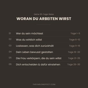 May include: A dark brown informational graphic titled Deine 30-Tage-Reise WORAN DU ARBEITEN WIRST. It lists six numbered steps with corresponding day ranges from 1 to 30, including text in German and the website URL THEVARLONEFFECT.COM at the bottom.