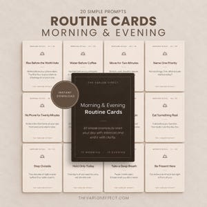 Puede incluir: Un conjunto de tarjetas de rutina de color crema con texto e iconos de color marr&oacute;n oscuro, con el t&iacute;tulo 20 Simple Prompts Routine Cards Morning & Evening. Una tarjeta central de color marr&oacute;n oscuro muestra el texto Morning & Evening Routine Cards con 30 simple prompts to start your day with intention and end it with clarity, incluyendo una insignia circular de Instant Download.