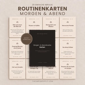 Puede incluir: Un conjunto de tarjetas de rutina de color beige tituladas 20 Einfache Impulse Routinenkarten Morgen & Abend con una tarjeta negra central que presenta el texto Morgen- & Abendroutine Karten y una insignia circular que dice Sofort-Download.