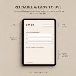 May include: A digital tablet displaying a gratitude journal page with the text REUSABLE & EASY TO USE, DAY 02, a date field, three numbered gratitude prompts, and a deeper reflection question box labeled What's something you almost overlooked?