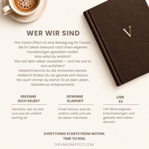 May include: A dark brown notebook with a gold letter V on the cover, positioned next to a white ceramic cup of coffee. The page displays the text WER WIR SIND, followed by German paragraphs, the phrases ERKENNE DICH SELBST, GEWINNE KLARHEIT, LEBE ES, and the English text EVERYTHING STARTS FROM WITHIN. TIME TO RISE. THEVARLONEFFECT.COM.