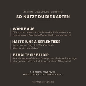 May include: A dark brown informational graphic with white text titled SO NUTZT DU DIE KARTEN. It provides instructions for using digital or printed cards, including steps to select, reflect, and keep them, ending with the URL THEVARLONEFFECT.COM.