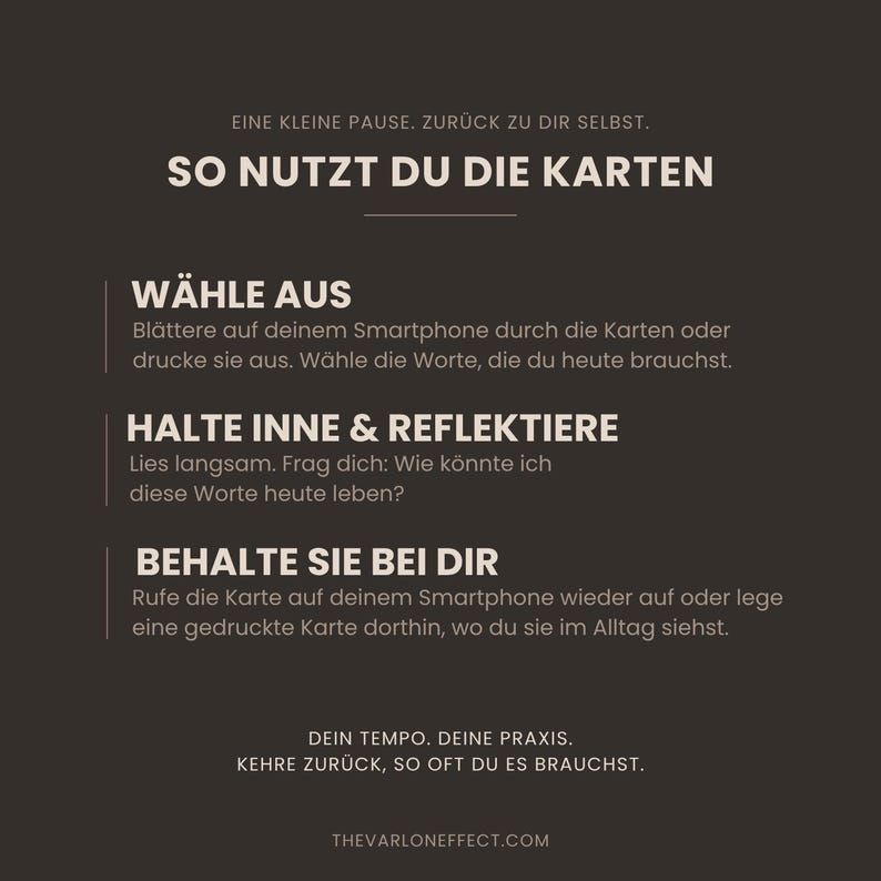 May include: A dark brown informational graphic with white text titled SO NUTZT DU DIE KARTEN. It provides instructions for using digital or printed cards, including steps to select, reflect, and keep them, ending with the URL THEVARLONEFFECT.COM.