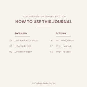 Peut inclure: Un graphique beige intitul&eacute; HOW TO USE THIS JOURNAL avec du texte brun fonc&eacute;. Il liste les invites du matin : 01 My intention for today, 02 I choose to feel, 03 My action today, et du soir : 01 Am I in alignment, 02 What I noticed, 03 What I release.