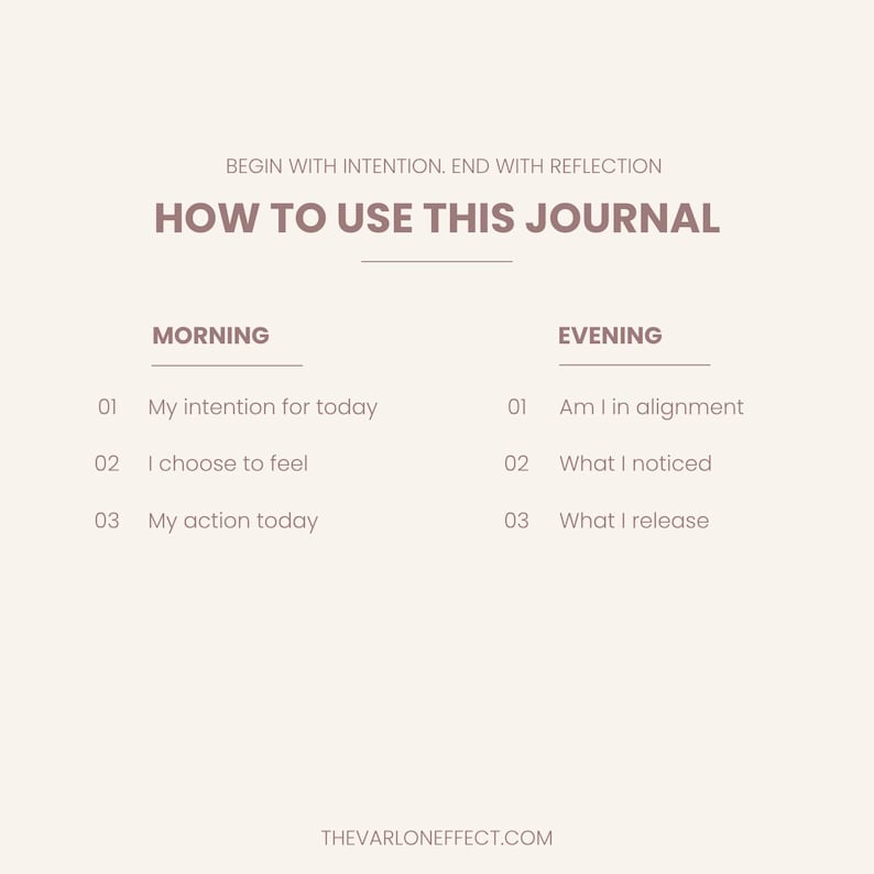 Peut inclure: Un graphique beige intitul&eacute; HOW TO USE THIS JOURNAL avec du texte brun fonc&eacute;. Il liste les invites du matin : 01 My intention for today, 02 I choose to feel, 03 My action today, et du soir : 01 Am I in alignment, 02 What I noticed, 03 What I release.