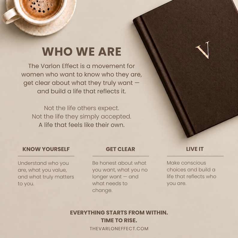 May include: A dark brown journal with a gold letter V on the cover, positioned next to a cup of coffee. The text reads: WHO WE ARE, The Varlon Effect is a movement for women, KNOW YOURSELF, GET CLEAR, LIVE IT, EVERYTHING STARTS FROM WITHIN.