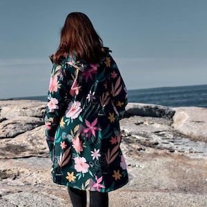 Women's Softshell Parka: Waterproof, Windproof, Breathable Coat with Extended Back Zipper Sea Flowers