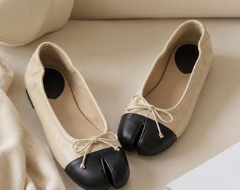 Ballerines à bout ouvert femme, Chaussures tabi en cuir d'agneau, Chaussures plates avec nœud beige noir, Chaussures minimalistes à bout rond en cuir souple, Talon bas