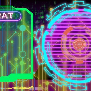May include: A digital graphic overlay featuring a rectangular green frame with the word CHAT in a purple box on the left, and a circular cyan and magenta target-like interface with horizontal lines on the right, set against a dark circuit board background.