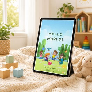 May include: A tablet displaying a digital illustration with the text HELLO WORLD! An Educational Adventure. The image features four children playing in a green field with trees, balloons, and a bird under a light blue sky with white clouds.