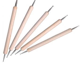 Dotting tools. Set of 5 stylus with professional design wood handles. Tools featuring 10 different mini stylus tips, with wood handle design