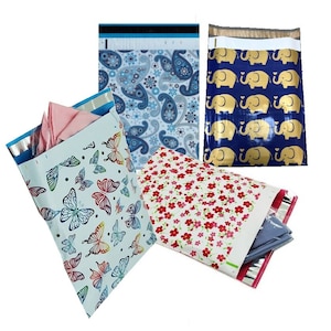 May include: Several colorful poly mailer shipping envelopes. Designs include blue paisley, gold elephants on navy, red floral, and butterflies. The envelopes are sealed and ready for use.