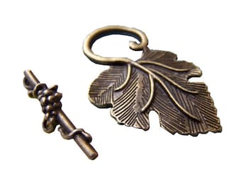 Branze toggle clasps, 2 sets grape leaf size about 37x20mm, bar size about 22x2mm  Antique brass tone leaf toggle clasps