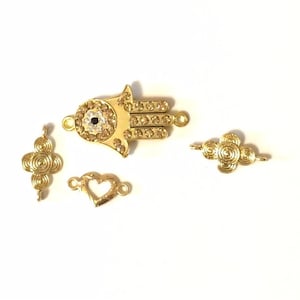 4 assorted Charm, connectors and gold pendant. Hamsa heaven eye. Turkish gold plated jewelry supplies