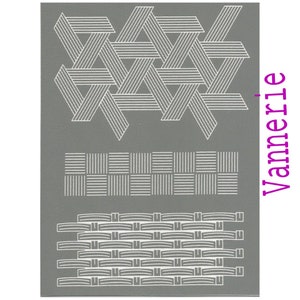 May include: A sheet of gray paper with three white geometric patterns. The top pattern is a series of overlapping triangles. The middle pattern is a series of squares. The bottom pattern is a series of curved lines. The word "Vannarie" is printed in purple on the right side of the sheet.